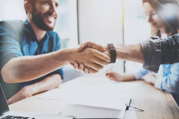 Bearded client shaking hands with business professional