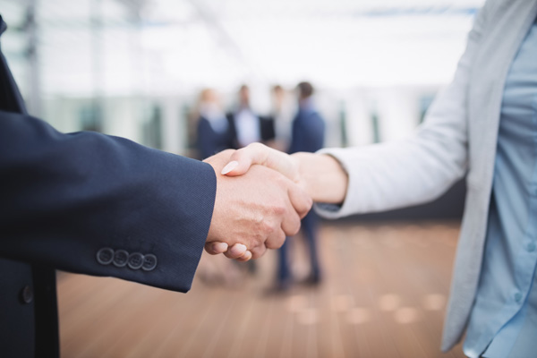 Adult site broker shaking hands with female client