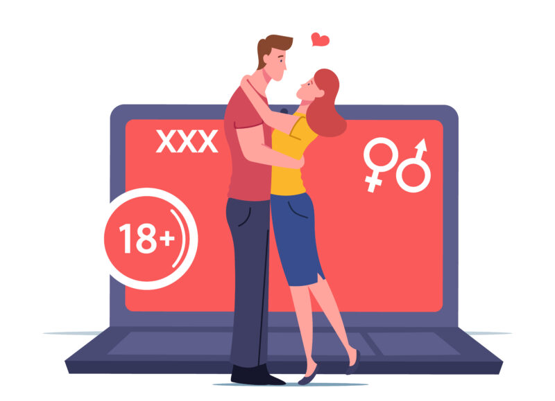 Woman and man embracing in front of a laptop with the 18+ sign