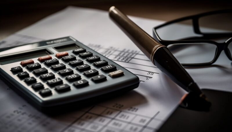 A calculator a pen and glasses with a document